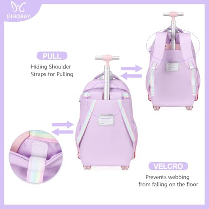 DIGOBAY Rolling Backpack for Girls, Cute Roller School Bag with Wheels, Kids Wheeled Backpacks Set with Lunch Bag Pencil Case for Teen Girls Kindergarten Elementary Middle School - color: Purple-pink