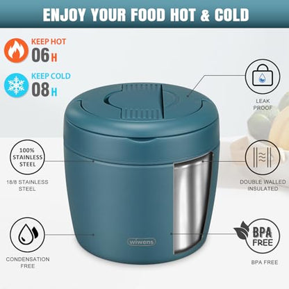 wiwens Thermo Food Jar for Hot Food Adults 32OZ Soup Thermo Lunch Containers Wide Mouth Vacuum Insulated Stainless Steel Leakproof Bento Box with Spoon (lake blue) - color: Lake Blue
