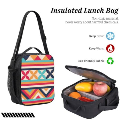 Aztec Geo Striped Pattern Commuter Bag Lunch Container Bag And Pouch | Generous Storage 3 In 1 Rucksack Combination, Padded Laptop Shoulder Bag With Cooler Lunch Bag And Slim Organizer Pouch - color: 6
