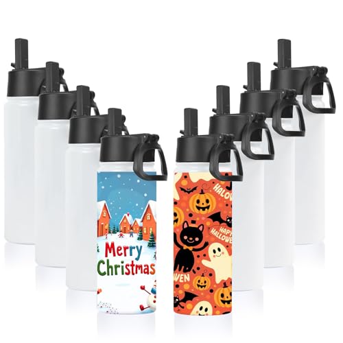 Volhoply 18oz Insulated Water Bottle Bulk 8 Pack,Kids Stainless Steel Water Bottles with Straw Lid,Double Wall Vacuum Reusable Metal Bottle,Wide Mouth Sports Flask For Cold Drink(Sublimation,8 Set) - color: Sublimation
