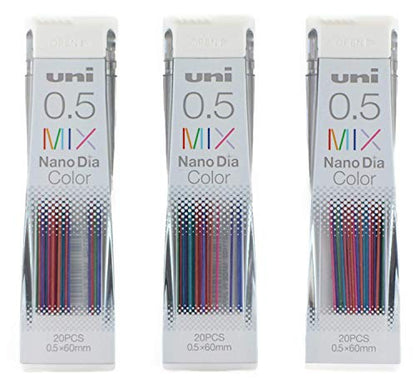 Uni Mechanical Pencil Lead Nano Dia 0.5mm, Color Mix, 20 leads x 3 Packs (Total 60 leads) with MIYABI stationery store original gift package set(05-202NDC-MIXx3)
