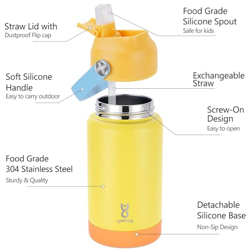 Kids Insulated Water Bottle with Straw Lid & Silicone Handle,12oz Kids Leak Proof Water Bottle for School Boys Girls,Double Wall Vacuum Stainless Steel with Non-slip Silicone Base(Yellow) - color: Yellow, size: 12 Ounces
