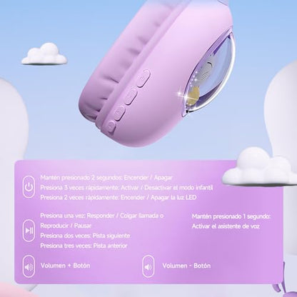 Kids Headphones Bluetooth 5.4 - Cat Ear LED Light Up Noise Cancelling Wireless Headphones with Mic, 85dB Volume Limited, Wired & Wireless Mode for Travel/School/iPad - color: Purple