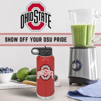 Ohio State University 32oz Stainless Steel Double Walled Red Beverage Bottle with Flip Straw Spout- College Gear for Playoff Season – For Office, Home or Auto – Show your Buckeye Pride - style: Ohio State / Red