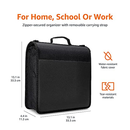 Amazon Basics Durable 3 Ring Binder with Zipper and Strap, Multiple Pockets, Sturdy Storage for School and Office, 3 inch, Black