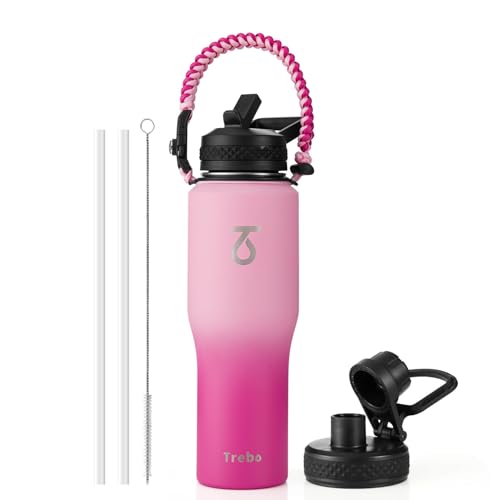 Trebo 32 oz Water Bottle Insulated Fits in Any Car Cup Holder with 2 Lids | Stainless Steel T-shape Tumbler with Paracord Handle, Triple Wall Vacuum Copper Plated, Cold 48 Hrs for Travel, Leakproof - color: Gradient Pink, size: 32 Ounces