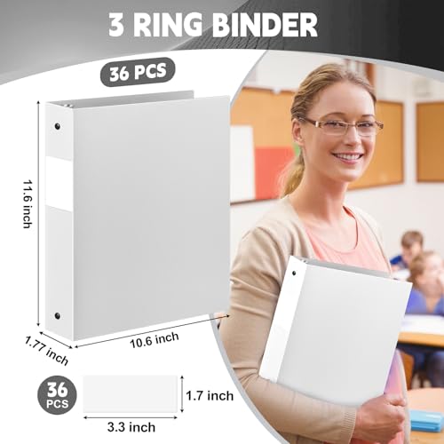 Henoyso 36 Pcs White 1.5 Inch 3 Ring Plastic Binder Bulk, 1 1/2 Inch Soft Flexible Binders Three Round Rings Fit 8.5x11 Papers for School Office Home File Organization Supplies - color: White