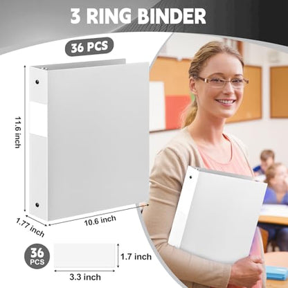 Henoyso 36 Pcs White 1.5 Inch 3 Ring Plastic Binder Bulk, 1 1/2 Inch Soft Flexible Binders Three Round Rings Fit 8.5x11 Papers for School Office Home File Organization Supplies - color: White