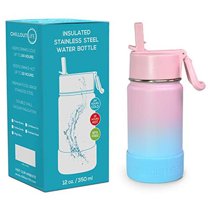 CHILLOUT LIFE 12oz Kids Insulated Stainless Steel Water Bottle with Leak Proof Straw Lid & 144 Stickers - color: Cotton Candy, style: 12 oz
