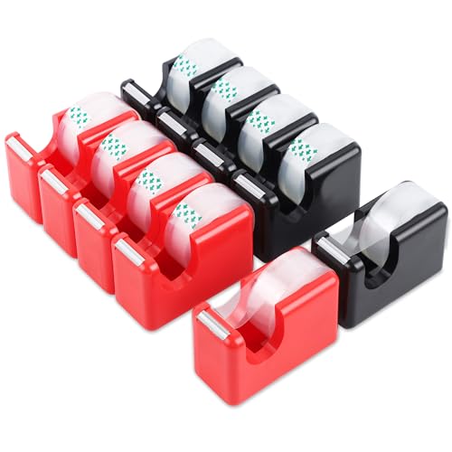 Lichamp 10 Pack Office Desktop Tape Dispenser Includes 10 Rolls of 1 Inch Core Tapes 3/4 in x 1000 in, Red and Black Desk Tape Dispensers Non-Skid Base, Great for School, Office and Home