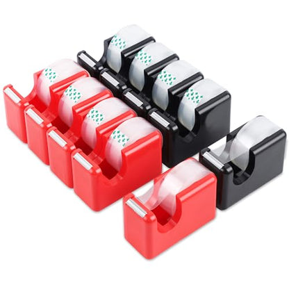 Lichamp 10 Pack Office Desktop Tape Dispenser Includes 10 Rolls of 1 Inch Core Tapes 3/4 in x 1000 in, Red and Black Desk Tape Dispensers Non-Skid Base, Great for School, Office and Home