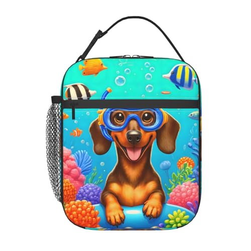 Cute Dog Lunch Box for Kids,Puppy Insulated Bag for Student,Pet Lovers Reusable Thermal Insulation Cooler Tote Bags for School Work Picnic Camping Outdoor Gifts (Weiner Dachshund Diver) - color: Weiner Dachshund Diver