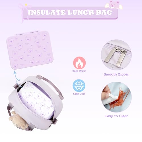 ACESAK Backpack for Girls with Bento Box - 4 PCS Cute Girls Backpack with Lunch Box, Pencil Case & Bento Box Set - 43oz Leakproof Lunch Box Kids Snack Containers Set Back to School Supplies (Purple) - color: Purple