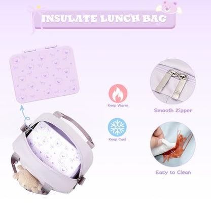 ACESAK Backpack for Girls with Bento Box - 4 PCS Cute Girls Backpack with Lunch Box, Pencil Case & Bento Box Set - 43oz Leakproof Lunch Box Kids Snack Containers Set Back to School Supplies (Purple) - color: Purple