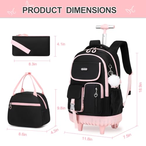 DIGOBAY Rolling Backpack for Girls, Girls Roller Backpack with Lunch Bag and Pencil Case, School Bookbag with Wheels for Elementary Middle High School Travel, Black Pink - color: Black and Pink