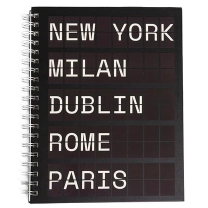 Pearhead City Travel Spiral Notebook, New York Milan Paris Departures Board Hardcover Journal – 100 GSM Thick Lined Pages, UV Spot Gloss Cover, Lay Flat Double-Coil Binding, Wanderlust Gift, 8x10.5 - color: Black & White City Notebook