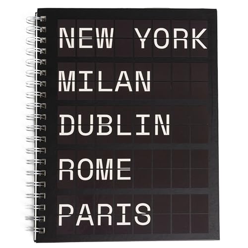 Pearhead City Travel Spiral Notebook, New York Milan Paris Departures Board Hardcover Journal – 100 GSM Thick Lined Pages, UV Spot Gloss Cover, Lay Flat Double-Coil Binding, Wanderlust Gift, 8x10.5 - color: Black & White City Notebook