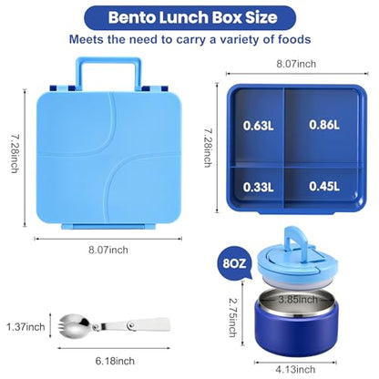 Bento Lunch Box for Kids with 8oz Soup Thermo,Kids Leakproof Lunch Food Containers with 4 Compartment,Kid Insulated Thermo Hot Food Jar for School,Trvael-Blue - color: Blue