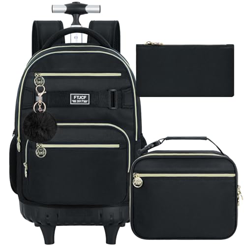 HPJGD 3PCS Rolling Backpack for Girls and Boys, Black School Backpacks with Wheels, Water Resistant Roller Wheeled Bookbag Set for Women Men - color: Classic Black Rolling Backpack Set