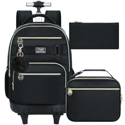 HPJGD 3PCS Rolling Backpack for Girls and Boys, Black School Backpacks with Wheels, Water Resistant Roller Wheeled Bookbag Set for Women Men - color: Classic Black Rolling Backpack Set