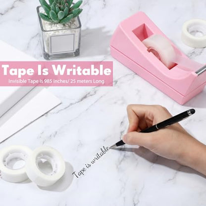 Yahenda 10 Pack Pink Desktop Tape Dispenser Non Skid Base with 0.7 x 985 Inches Invisible Tape Refills Bulk Weighted Roll Dispenser for Office Home School - color: Pink