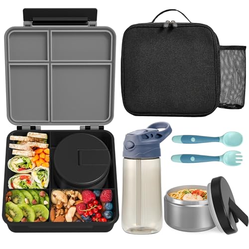 Kids Bento Lunch Box with 8oz Soup Thermo, Water Bottle, Kids Leakproof Lunch Food Containers with 4 Compartment, Insulated Hot Food Jar with Lunch Bag for School, Trvael (Black) - color: Black