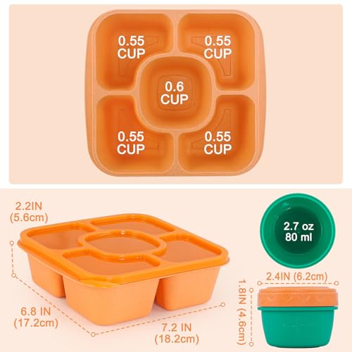 Original Lunchable Snack Containers - 5 Compartments Bento Snack Boxes with 1 Leakproof Small Containers, Wheat Straw, BPA-Free, Set of 2 (Cyan+Orange) - color: Cyan+Orange