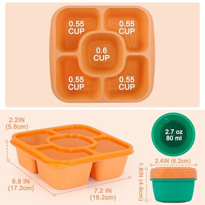Original Lunchable Snack Containers - 5 Compartments Bento Snack Boxes with 1 Leakproof Small Containers, Wheat Straw, BPA-Free, Set of 2 (Cyan+Orange) - color: Cyan+Orange