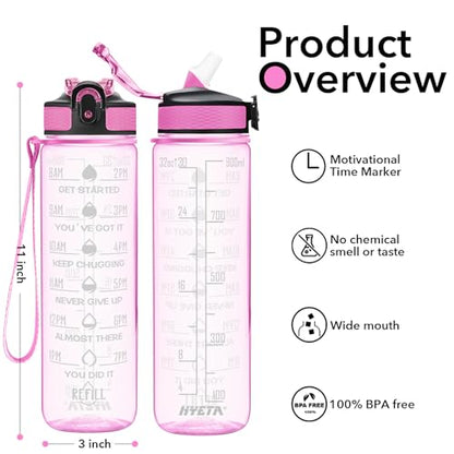 Hyeta Water Bottle with Straw & Time Marker, Plastic 32oz Leakproof | Motivational Tritan BPA Free Gym Office Outdoor Intake Tracker Hourly Reminder Straw Lid Carry Strap - color: Clear Pink