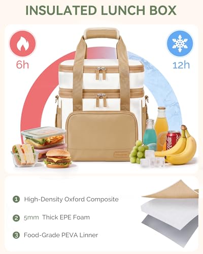 HOMESPON Double Layer Lunch Bag for Women Men, 14L Large Insulated Lunch Box with Shoulder Strap, Expandable Cooler Tote with Cup Holder for Work Office Picnic, Brown - color: Brown