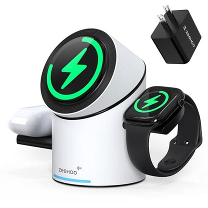 ZEEHOO 3 in 1 Charging Station for Apple Devices, Mag-Safe Charger Stand, Qi2 15W Auto-Rotating Wireless Charger for iPhone 17 16/15/14/13/12 Series& AirPods& iWatch(White) - color: White