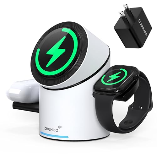 ZEEHOO 3 in 1 Charging Station for Apple Devices, Mag-Safe Charger Stand, Qi2 15W Auto-Rotating Wireless Charger for iPhone 17 16/15/14/13/12 Series& AirPods& iWatch(White) - color: White