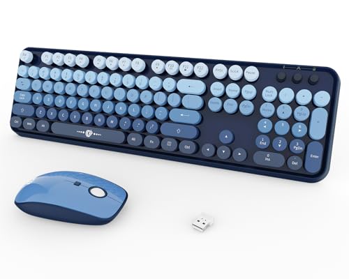 Blue Wireless Keyboard and Mouse Combo, Retro Typewriter Style Round Key Keyboard, 2.4GHz Full Size Aesthetic Bubble Keyboard with Number Pad for Long Nail PC Laptop Desktop Computer - color: Blue Colorful