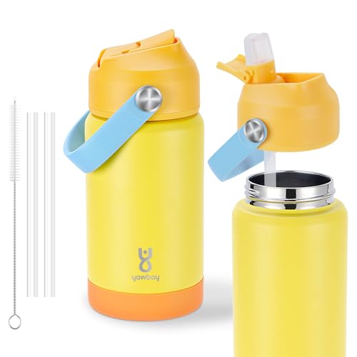Kids Insulated Water Bottle with Straw Lid & Silicone Handle,12oz Kids Leak Proof Water Bottle for School Boys Girls,Double Wall Vacuum Stainless Steel with Non-slip Silicone Base(Yellow) - color: Yellow, size: 12 Ounces