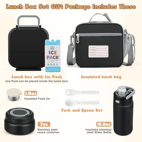 Bento Lunch Box for Kids with 7oz Soup Thermo,Insulated Stainless Steel Kids Water Bottle with Straw and Insulated Lunch Bag,Leak-Proof Lunch Food Container with Ice Pack for School(Black) - color: Black
