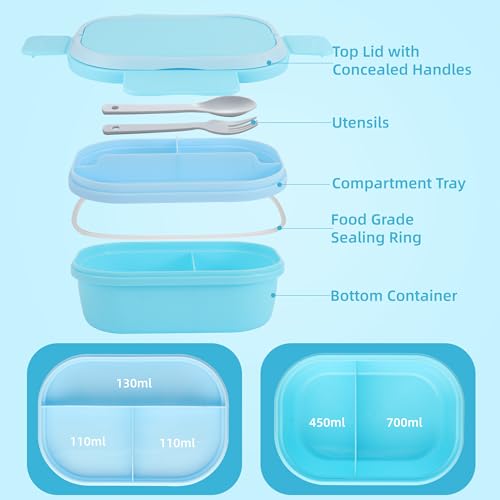 Itopor Bento Box for Kids, Stackable Kids Lunch Box, Pale Blue, 40 oz | Leakproof 2-compartment base, 3-compartment snack tray, hidden handle & utensils. BPA-Free, microwave & dishwasher safe