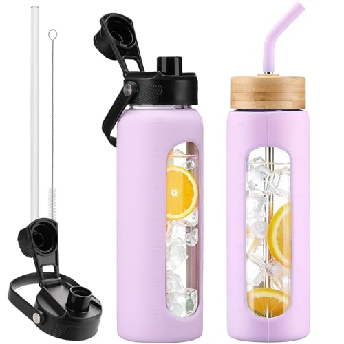 24 oz Glass Water Bottle with Straw – 2 Lids (Bamboo & Spout Lid), Motivational Borosilicate Glass Daily Water Intake Bottle with Time Marker, Silicone Sleeve for Gym Home Office-Purple - color: Light Purple, size: 24 Ounces