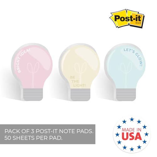 Lightbulb Shaped Sticky Note Pad Assortment/Set of 3 / Watercolor Style / 2.6875" x 3.8125" Modern Sticky Notes / 50 Sheets Per Pad/Made in The USA
