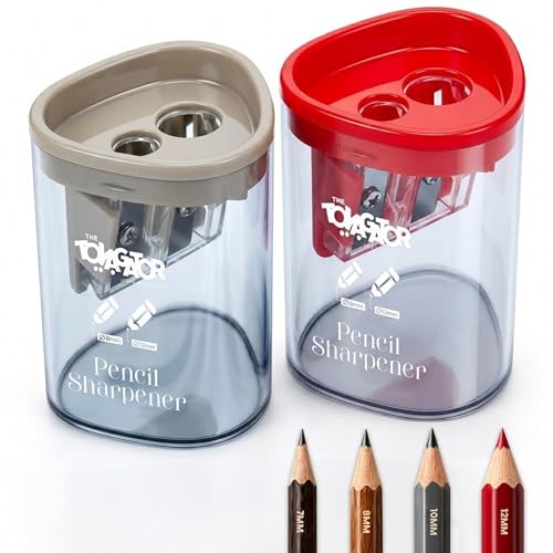 Manual Pencil Sharpener - 2 Pcs Dual Hole Premium Quality Pencil Sharpeners for Standard & Large Sized Pencils - Handheld Pencil Sharpener for Kids, Adults, Artists, (Red & Gray)