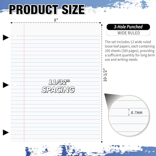 Fulmoon 12 Pcs 8" x 10-1/2" Wide Ruled Loose Leaf Paper 3 Hole Punched Notebook Paper 100 Sheets Per Pack, 56 Gsm, Filler Paper for Adults Students Binder College School - size: Wide Ruled