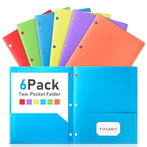 Timart Folders with Pockets 3 Hole Punched-6 Pack, 2 Pocket Heavy Duty Plastic Pocket Folders for 3 Ring Binder, Fit Letter Size File Folder for School Office (Bright) - color: Bright