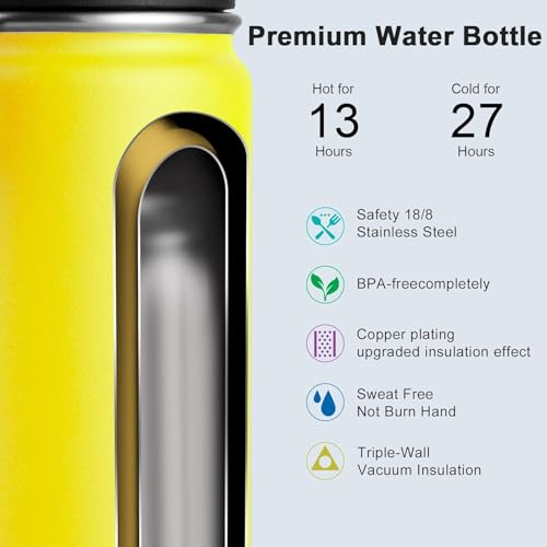 koodee Water Bottle-16 oz Stainless Steel Double Wall Vacuum Insulated Wide Mouth Water Bottle for Back to School-Reuasble Metal Flask with Leakproof Spout Lid (Yellow) - color: Yellow, size: 16 Ounces