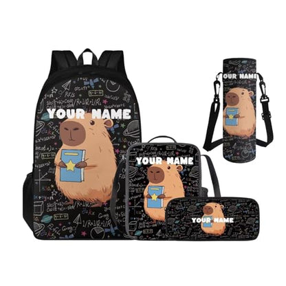 Personalized Pencil Case Capybara Backpacks for Boys Lunch Box Custom Name Bookbag and Water Bottle Holder 4 PCS Set, 3rd Grade Boys Backpack Accessories Sets for Kids Back to School - color: Cool Capybara-custom