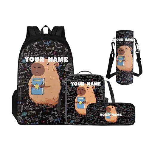 Personalized Pencil Case Capybara Backpacks for Boys Lunch Box Custom Name Bookbag and Water Bottle Holder 4 PCS Set, 3rd Grade Boys Backpack Accessories Sets for Kids Back to School - color: Cool Capybara-custom