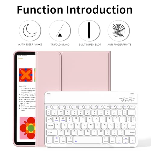 kenke for iPad 11/10th Gen Case with Keyboard 11/10.9 inch 2025 A16/2022, Detachable Wireless Bluetooth Keyboard Case with Bulit-in Pencil Holder, White Square Keycaps (Pink) - color: Pink