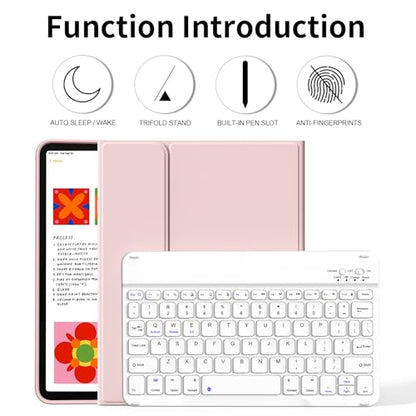 kenke for iPad 11/10th Gen Case with Keyboard 11/10.9 inch 2025 A16/2022, Detachable Wireless Bluetooth Keyboard Case with Bulit-in Pencil Holder, White Square Keycaps (Pink) - color: Pink