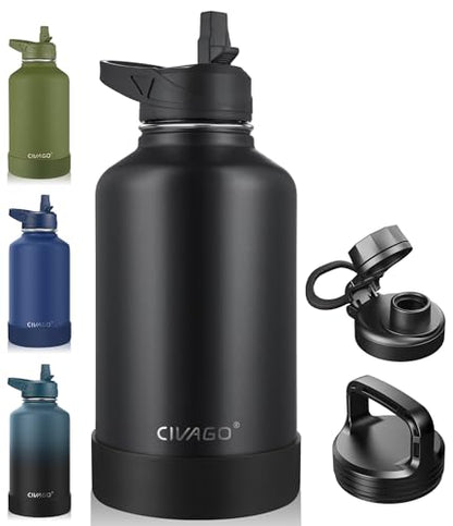 CIVAGO 64 oz Insulated Water Bottle With Straw, Half Gallon Stainless Steel Sports Water Flask Jug with 3 Lids (Straw, Spout and Handle Lid), Large Metal Thermal Cup Mug, Midnight Black - color: Black, size: 64 Ounces