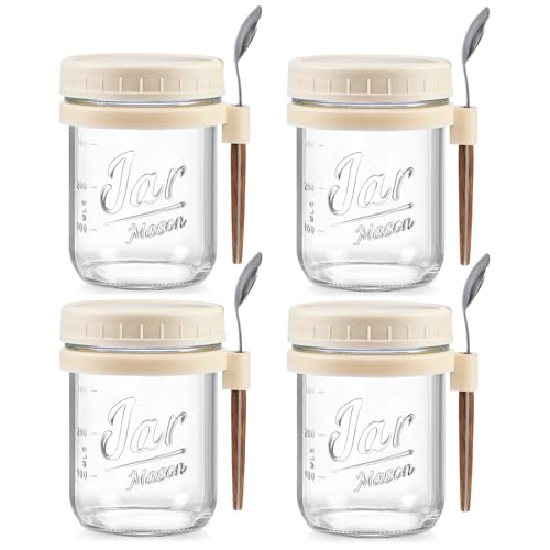 LANDNEOO 4 Pack Overnight Oats Containers with Lids and Spoons, 16 oz Glass Mason Jars with Airtight Lids, Overnight Oats Jars for Milk, Cereal, Fruit-Beige - color: Beige