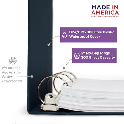 Carstens 2-Inch Heavy Duty 3-Ring Binder - Top Opening, Navy Blue, Durable Plastic, Precision No-Gap Rings, Waterproof Cover, No Pockets, Holds 300 US Letter Sheets, BPA-Free, Made in USA (2879-3R) - color: Navy Blue, size: Individual