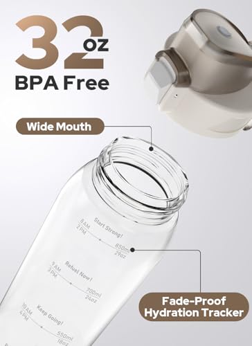Opard Zip 32oz Plastic Water Bottle Dishwasher Safe, Leakproof Flip-Top Lid, BPA Free Tritan, Wide Mouth Reusable Sports Water Bottle for Gym Hiking Commuting Outdoor Travel and School - color: Clear Cream, style: 32 Ounces